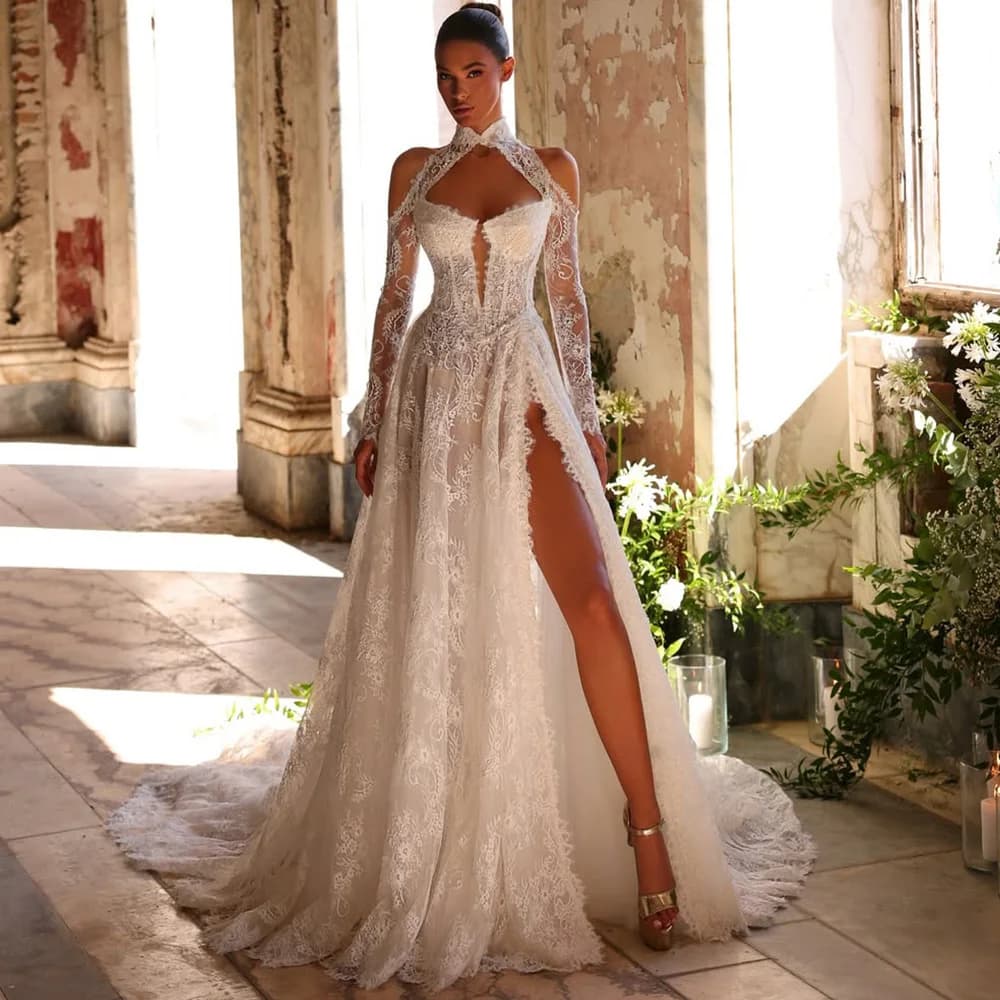 Elegant Customized Long Sleeves High Collar Wedding Dress Charming Appliques Lace Bridal Gowns Sexy Side Slit Vestido De Novia