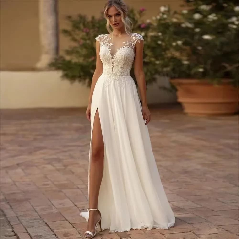 Customized Chiffon Wedding Dresses Beaded Lace Applique Cap Sleeve Sheer Neck Illusion Buttons Bridal Gown with Slit Boho Simple
