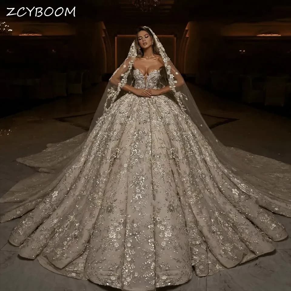 Customized Sequin Flowers Appliques Beaded Wedding Dresses 2026 Sleeveless Sweetheart Court Train Tulle Bridal Gowns For Women
