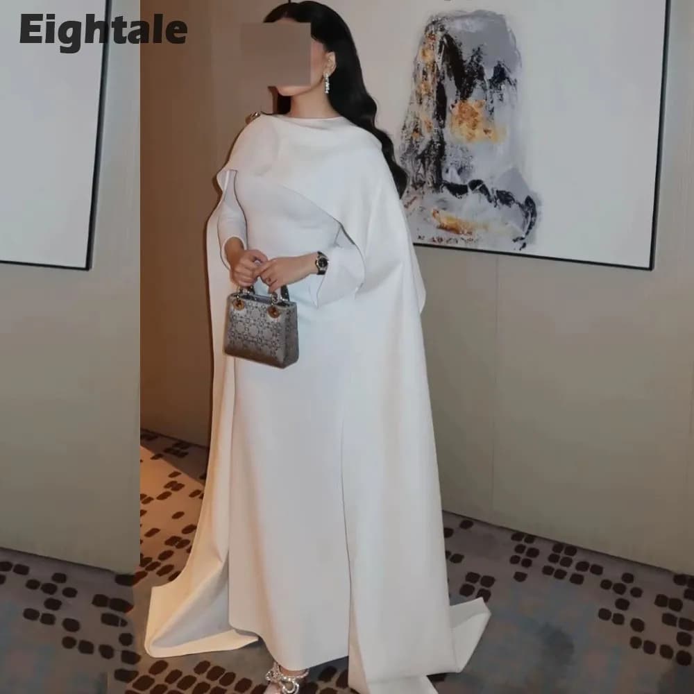 Eightale Muslim Wedding Dress O-Neck Satin Customized White Ivory Mermaid Shawl Arabic Bridal Gown Long Sleeves Vestido De Noiva