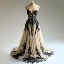Champagne Wedding Dress with Black Applique Customized Sweetheart Sleeveless Sweep Train Backless Corset Bridal Gowns