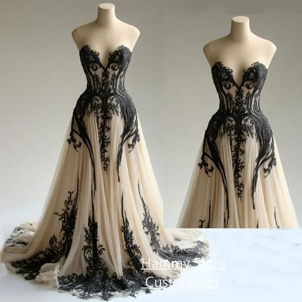 Champagne Wedding Dress with Black Applique Customized Sweetheart Sleeveless Sweep Train Backless Corset Bridal Gowns