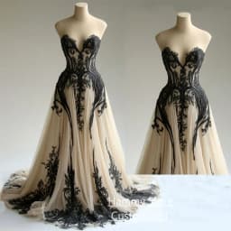 Champagne Wedding Dress with Black Applique Customized Sweetheart Sleeveless Sweep Train Backless Corset Bridal Gowns