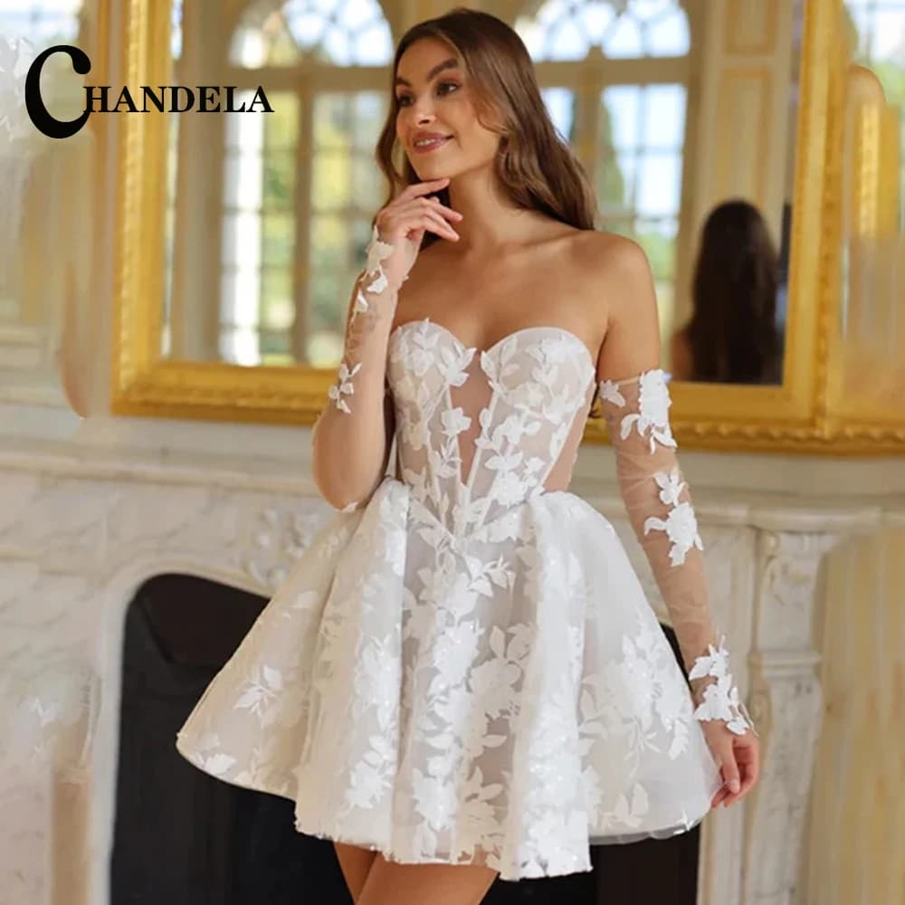 CHANDELA Lace Appliques Mini Corset Wedding Dress Cut-out Detachable Sleeves vestidos de noiva After Party A-line Customised