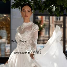 Fashion Wedding Dresses Side Slit Ivory Bridal Gowns Court Train Full Sleeve New Vestido De Novia High Neck Robe De Summer New