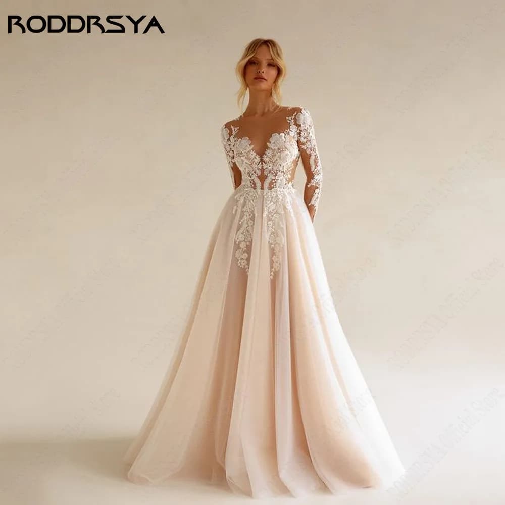 RODDRSYA Bohemian Long Sleeve Wedding Dress Women A Line See Through Lace Appliqued Beach Bridal Dress Wedding Gowns Customized