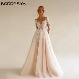 RODDRSYA Bohemian Long Sleeve Wedding Dress Women A Line See Through Lace Appliqued Beach Bridal Dress Wedding Gowns Customized