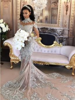 Customized Lace Mermaid Muslim Wedding Dress with Long Sleeves High Neck Saudi Arabia Bridal Gowns Dubai African Bride Dress