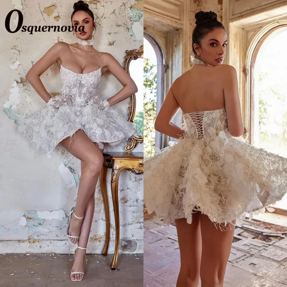 Osquernovia Charming Strapless Wedding Dresses Lace Appliques Feather A-line no gloves Bridal Gown Robes De Mariée Customised