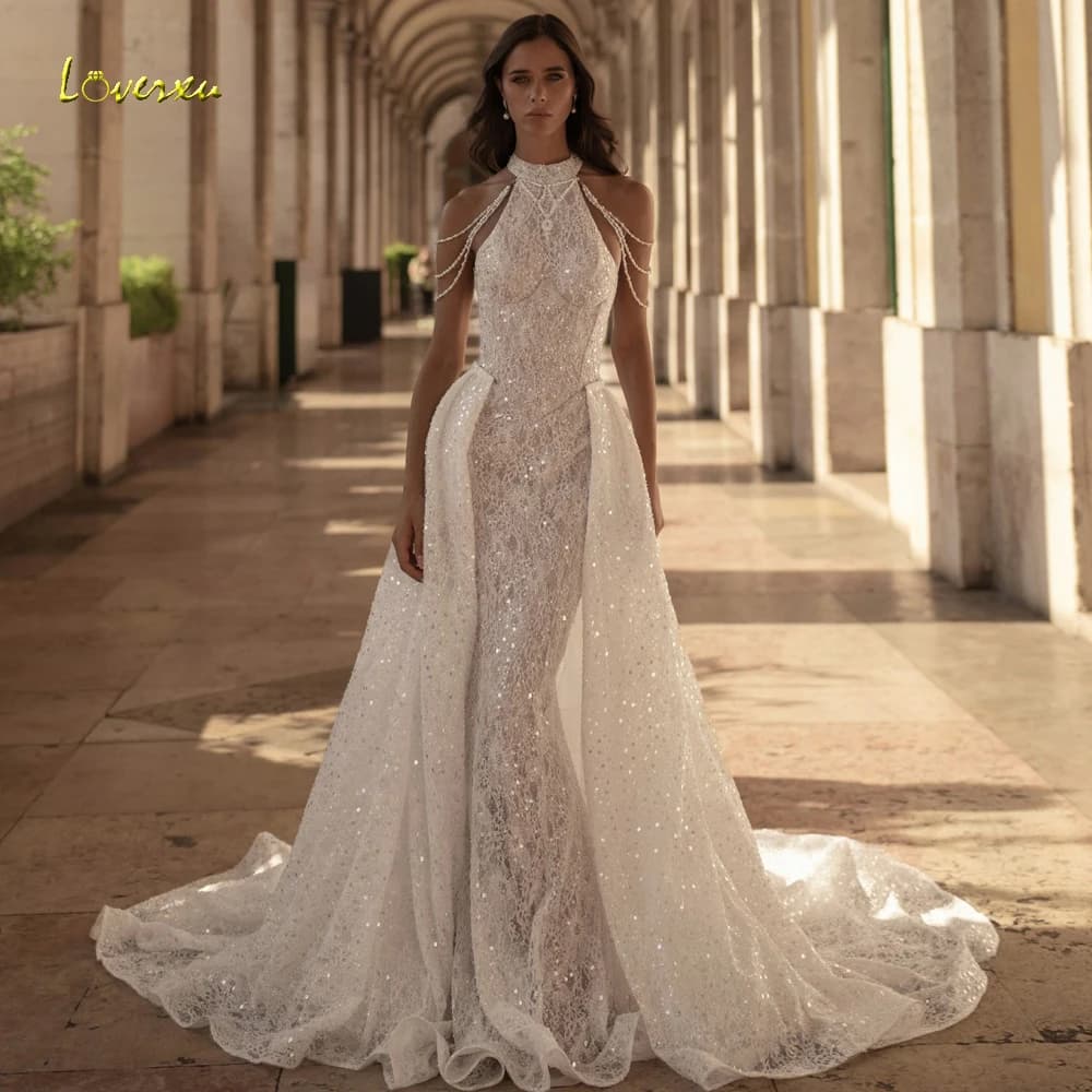 Loverxu Mermaid Wedding Dresses High Neck Exquisite Vestido De Novia Lace Embroidery 2 In 1 Glitter Custom Made Bridal Gown