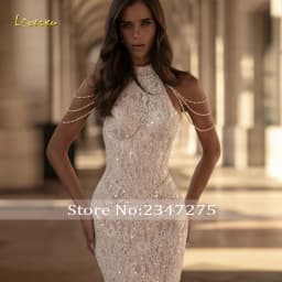 Loverxu Mermaid Wedding Dresses High Neck Exquisite Vestido De Novia Lace Embroidery 2 In 1 Glitter Custom Made Bridal Gown