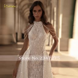Loverxu Mermaid Wedding Dresses High Neck Exquisite Vestido De Novia Lace Embroidery 2 In 1 Glitter Custom Made Bridal Gown