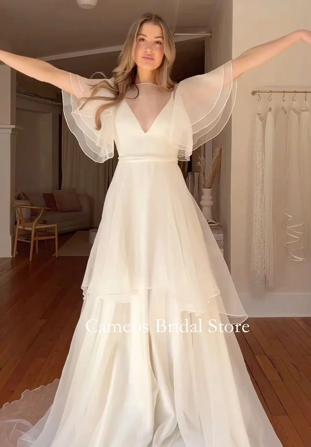 Cameos Fashion Korea Tiered Sleeves Organza Wedding Dresses V-Neck Floor Length Photo Shoot Corset Customized Bridal Gown
