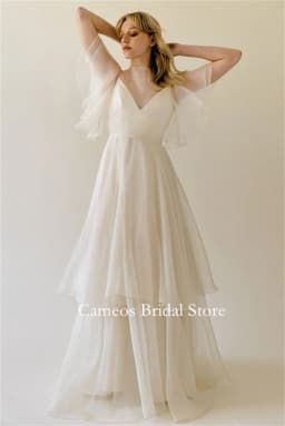 Cameos Fashion Korea Tiered Sleeves Organza Wedding Dresses V-Neck Floor Length Photo Shoot Corset Customized Bridal Gown