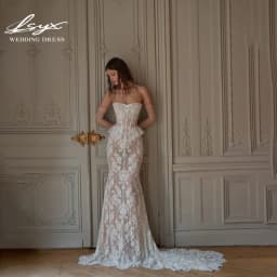 LSYX Strapless Lace Illuison Corset Wedding Dresses Ruffled Peplum Waist Sheer Gloves Mermaid Silhouette Long Train Bridal Gown