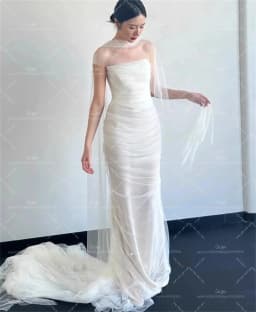 Giyu Strapless Tulle Korea Elegant Wedding Dress Customized Bride Dress Mermaid Ruched Corset Ivory Wedding Gown Bridal