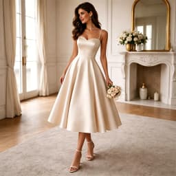 Customized Wedding Dress Midi Beige Satin Bead Spaghetti Strap Wedding Gowns for Women 2026 Bride Tea Length A Line Bridal Gown