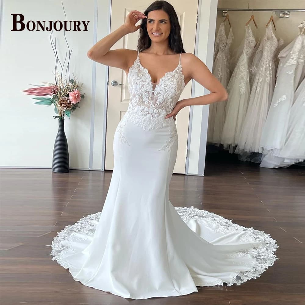 BONJOURY Glamorous Backless Wedding Dresses for Woman Bridal V-neck Spaghetti Straps Mermaid Vestido de Novia Customized