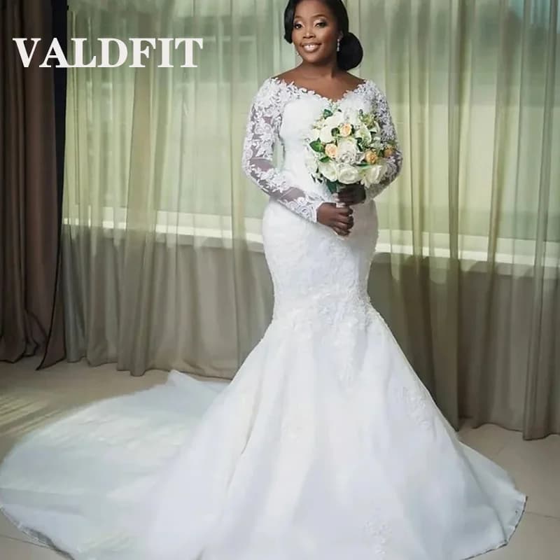 Valdfit Customized Off Shoulder Long Sleeves White African Mermaid Wedding Dress Lace Up Plus Size Bridal Gowns vestido de novia