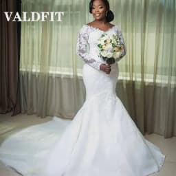 Valdfit Customized Off Shoulder Long Sleeves White African Mermaid Wedding Dress Lace Up Plus Size Bridal Gowns vestido de novia