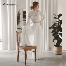 Boho Simple High Neck Sexy Backless Button Lace Short Top Jumpsuit Wedding Dresses Chiffon Customized Full Cap Sleeve Vestidos