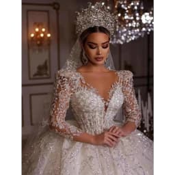 Luxury Women's Wedding Dresses Elegant V-Neck Long-Sleeve Lace Appliques A-Line Puffy Skirt Tulle Bridal Gowns Formal Customized
