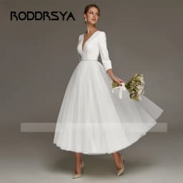 RODDRSYA Elegant Wedding Dresses For Bride Simple Ankle Length Bridal Gowns A-Line V-Neck 3/4 Sleeves Simple Short Robes Mariee