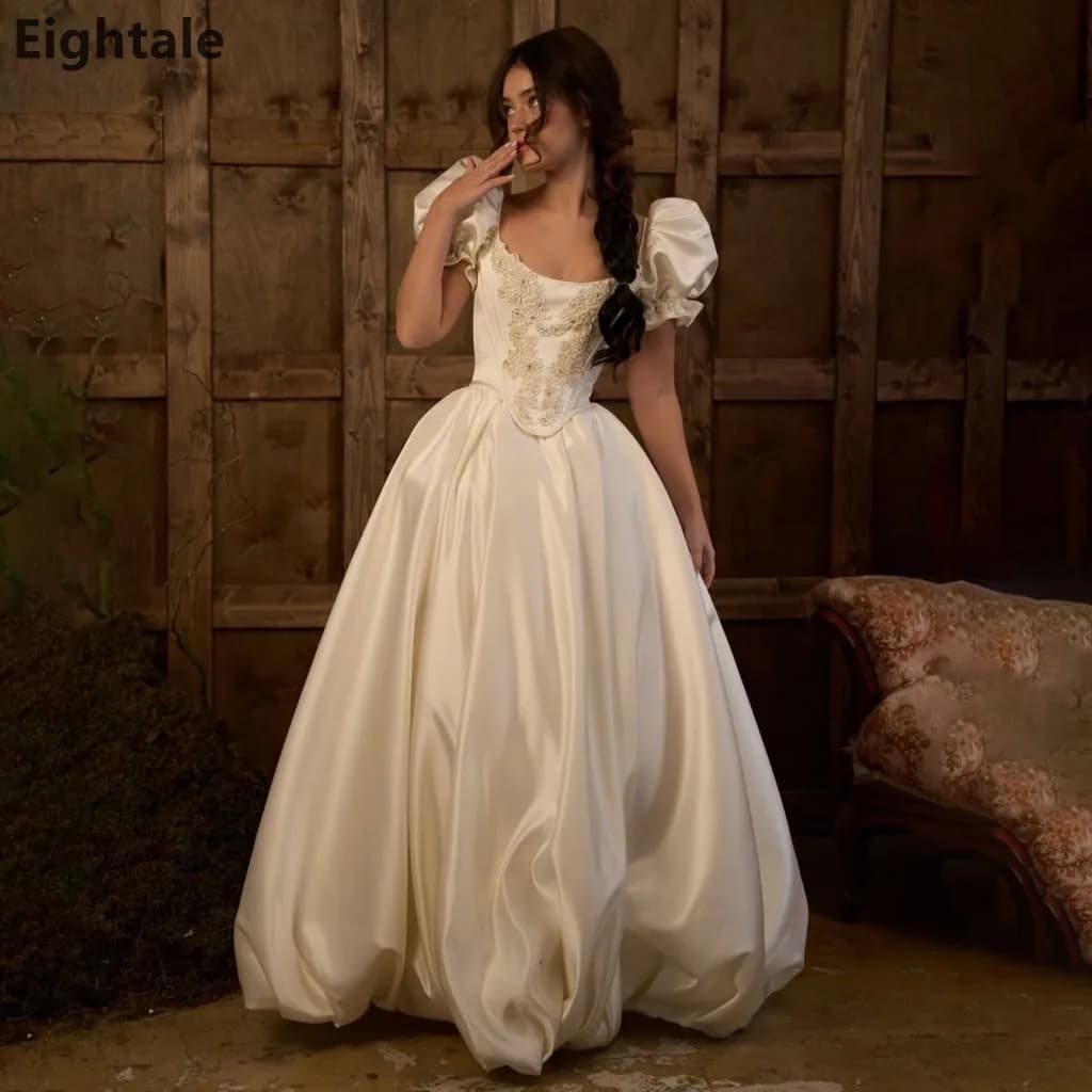 Eightale Luxury Ball Gown Puffed Sleeve Ivory Satin Wedding Dress Lace Beaded Bodice Bridal Gowns Robe De Mariage Customized