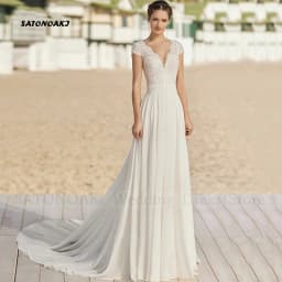 Customized Elegant Boho Chiffon Lace Wedding Dress for Women Cap Sleeves A-Line V-Neck Beach Bride Gown Vestidos De Noiva Robe