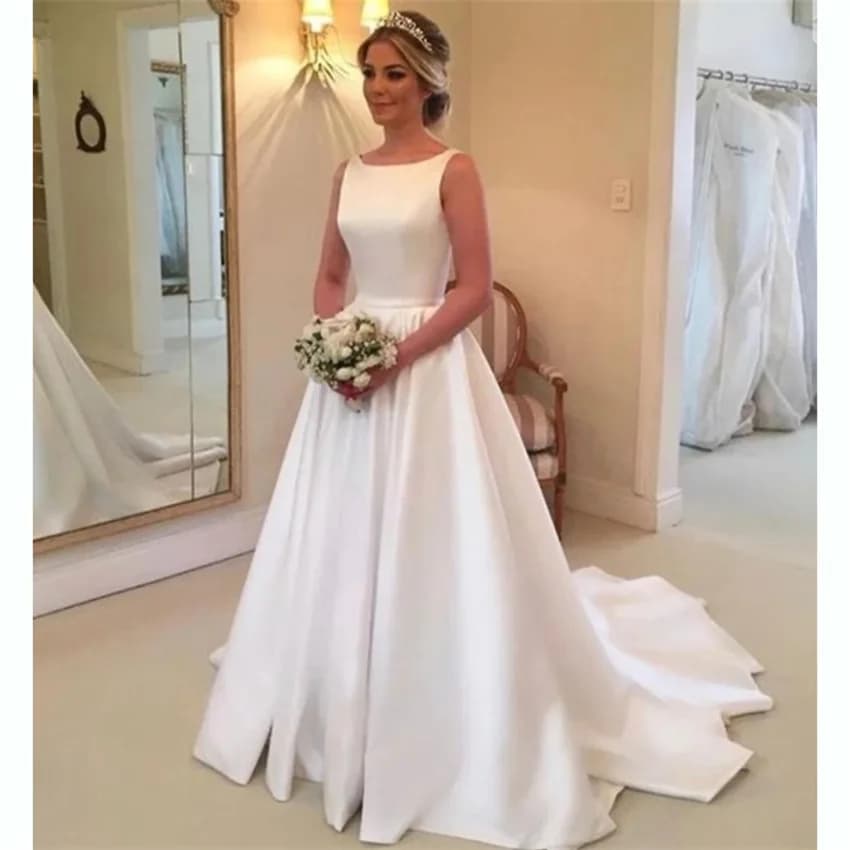 Sexy White Scoop Wedding Dresses Simple Backless Bride Dress vestidos de novia Satin Wedding Evening Gowns свадебное платье
