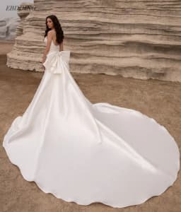 EBDOING Wedding Dress Mermaid Satin 2 in 1 Boat Neck Sleeveless WIth Big Bow Detachable Train Customized Bride Gowns