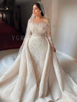 Romantic Mermaid Wedding Dresses Luxury Beaded Sequins Lace Long Sleeves Detachable Train Bridal Gowns Robe De Marie Customized