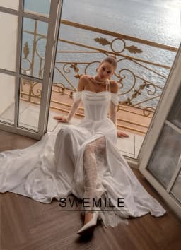 SWEMILE Modern Wedding Dresses for Woman Off-Shoulder Lace Sleeves A-line Pleating Zipper Robes De Soirée Plus Size Customized