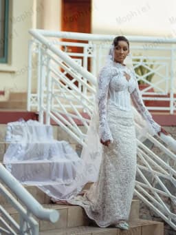 Luxurious Wedding Dresses High Neck Long Sleeve Africa Lace Bride Dress Beading Mermaid Bridal Gown Vestido De Novia Customized