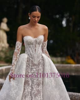 Pearls Sweetheart Neck Detachable Long Sleeve 2 Pieces High Quality Lace Mermaid Wedding Dress Elegant Vestido De Noiva Sereia