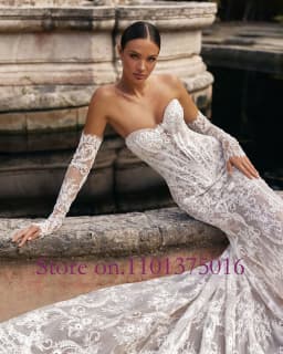 Pearls Sweetheart Neck Detachable Long Sleeve 2 Pieces High Quality Lace Mermaid Wedding Dress Elegant Vestido De Noiva Sereia