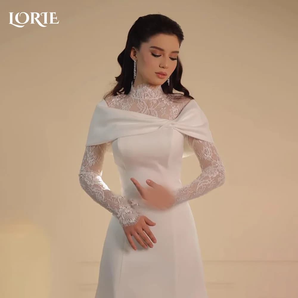 LORIE High Collar Lace Mermaid Wedding Dresses Muslim A-Line Appliques Long Sleeve Bridal Gown Princess Bride Dress Customized