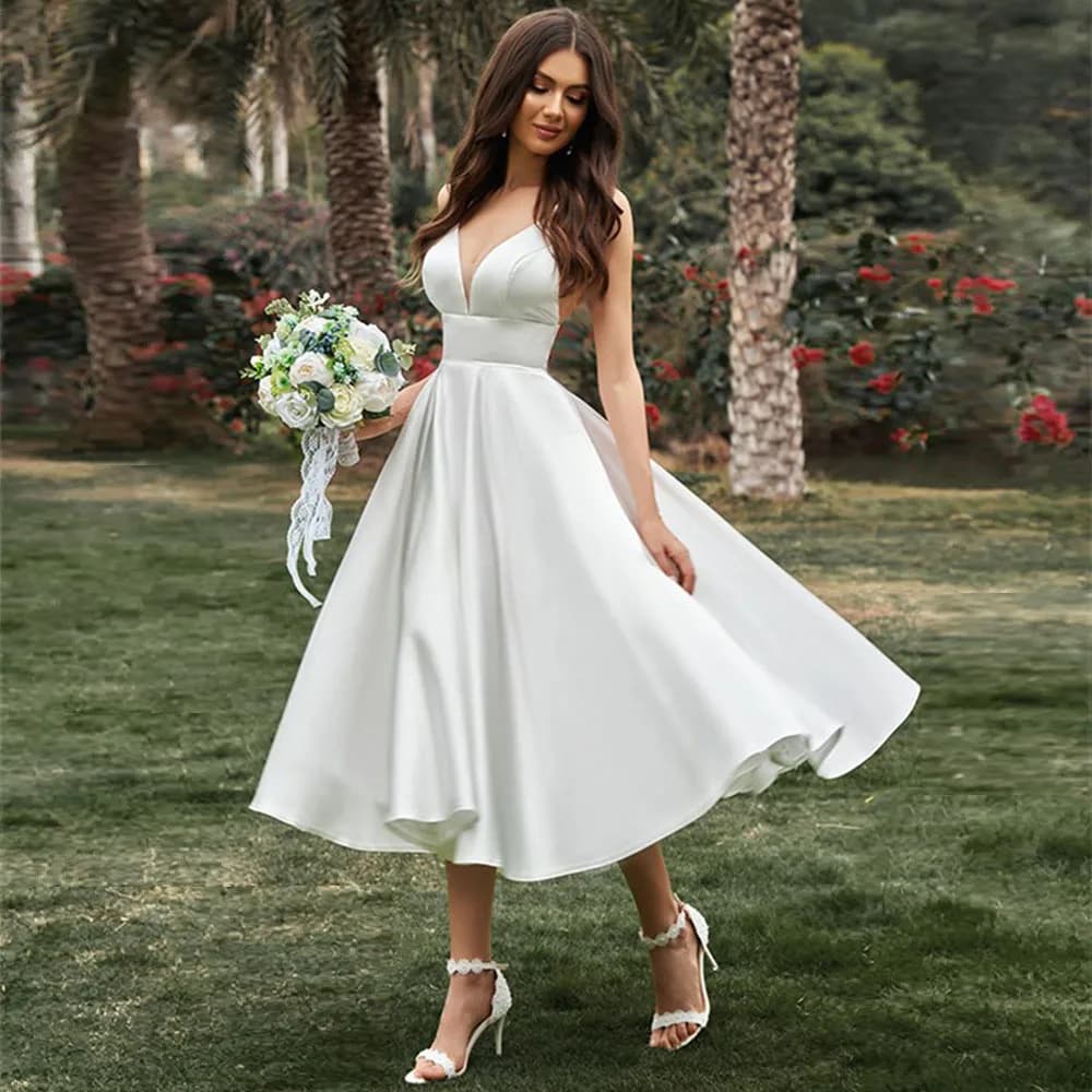 Customized Short Wedding Dress Spaghetti Straps V Neck Sexy Wedding Gowns Satin A Line Tea Length Simple Bridal Dresses Midi