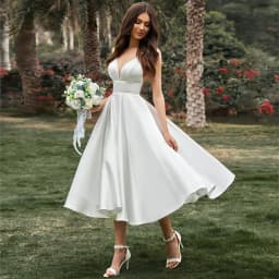 Customized Short Wedding Dress Spaghetti Straps V Neck Sexy Wedding Gowns Satin A Line Tea Length Simple Bridal Dresses Midi