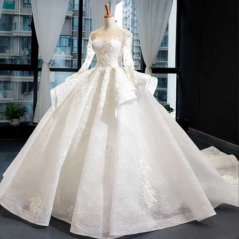 Long Sleeve Beading Appliques Lace Gorgeous Ball Gown Wedding Dress Real Photos Vestido De Noiva Princesa