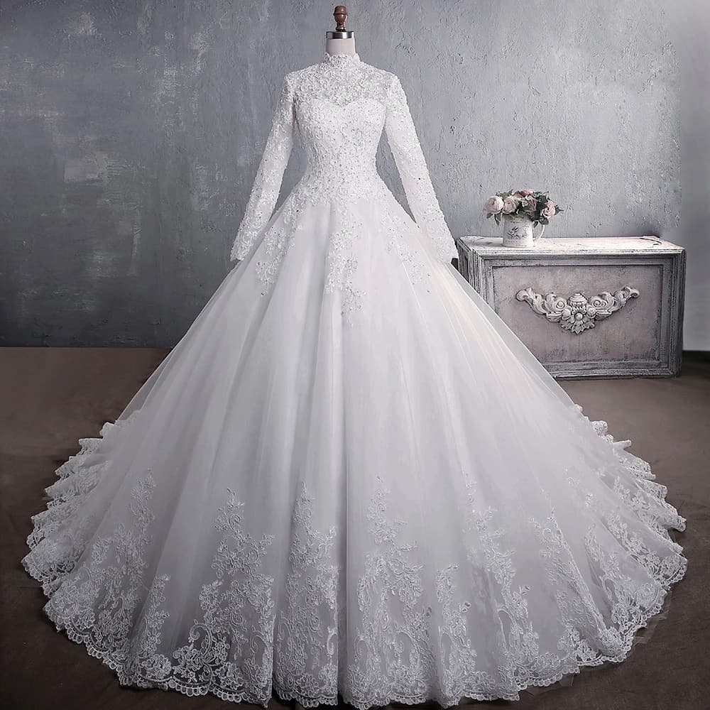 Customized Ball Gown Women Wedding Dresses High Neck Long Sleeves Appliques Bridal Gowns Formal Vestido De Noiva robe de mariée