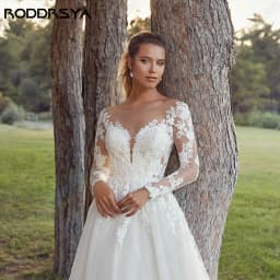 RODDRSYA Customized Wedding Dress Women Long Sleeves Illusion Back Scoop Bride Gown Applique A-Line Tulle Boho vestidos de novia