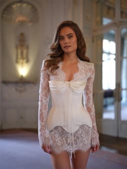 Kyoto Customized White Lace Long Sleeves Wedding Dress Bow Elegant Collar vestidos de noche Lace-Up Back Mini After Party Gown