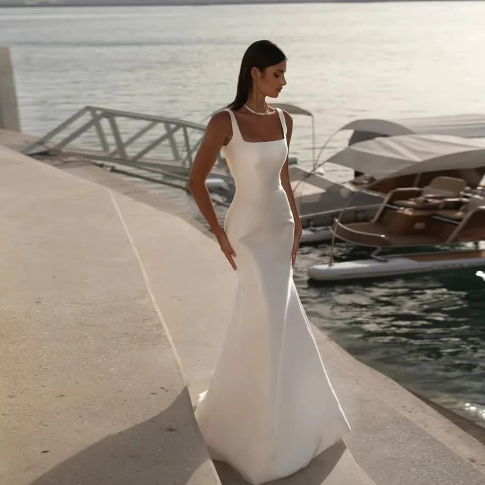 Customized Simple Straps Satin Wedding Dress For Woman Bride Mermaid Sweep Train Sleeveless New Vestido Bridal Gown