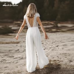 Boho Simple V-neck Sexy Backless Button Sashes Lace Jumpsuit Wedding Dress Chiffon Bridal Gown Short Cap Sleeve Vestido De Noiva