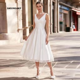 Customized Elegant Ivory V-Neck Satin Lace Short Wedding Dress for Women Tea Length Lace-up Pleat Bride Gown Vestidos De Novia