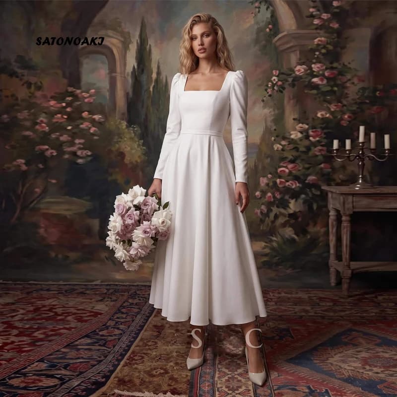 Customized Elegant Boho Square Neck Short Wedding Dress for Bride Puff Sleeves A-line Tea Length Bride Gown Vestidos De Novia