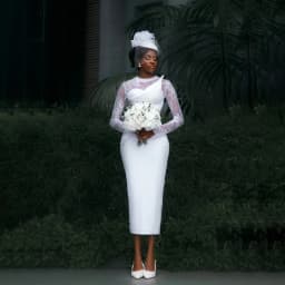 Aso Ebi Satin Wedding Dresses Merimaid O-Neck Lace Wedding Guest Dress Tea Length Long Sleeves Bridal Dresses Robe Customized