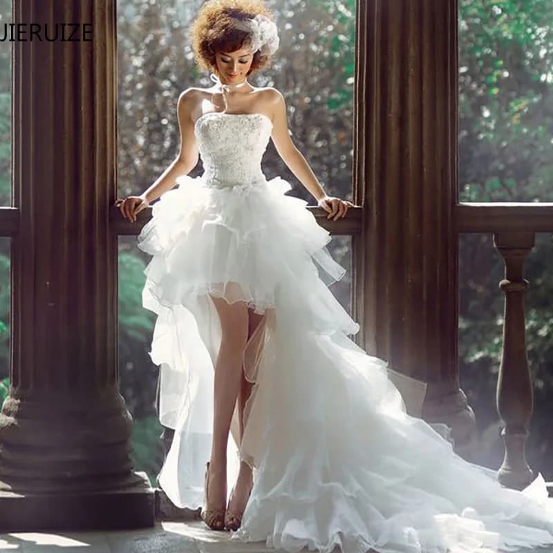JIERUIZE White Organza Hi Low Wedding Dresses Lace Appliques Lace Up Back Front Short Long Back Wedding Gowns Customized