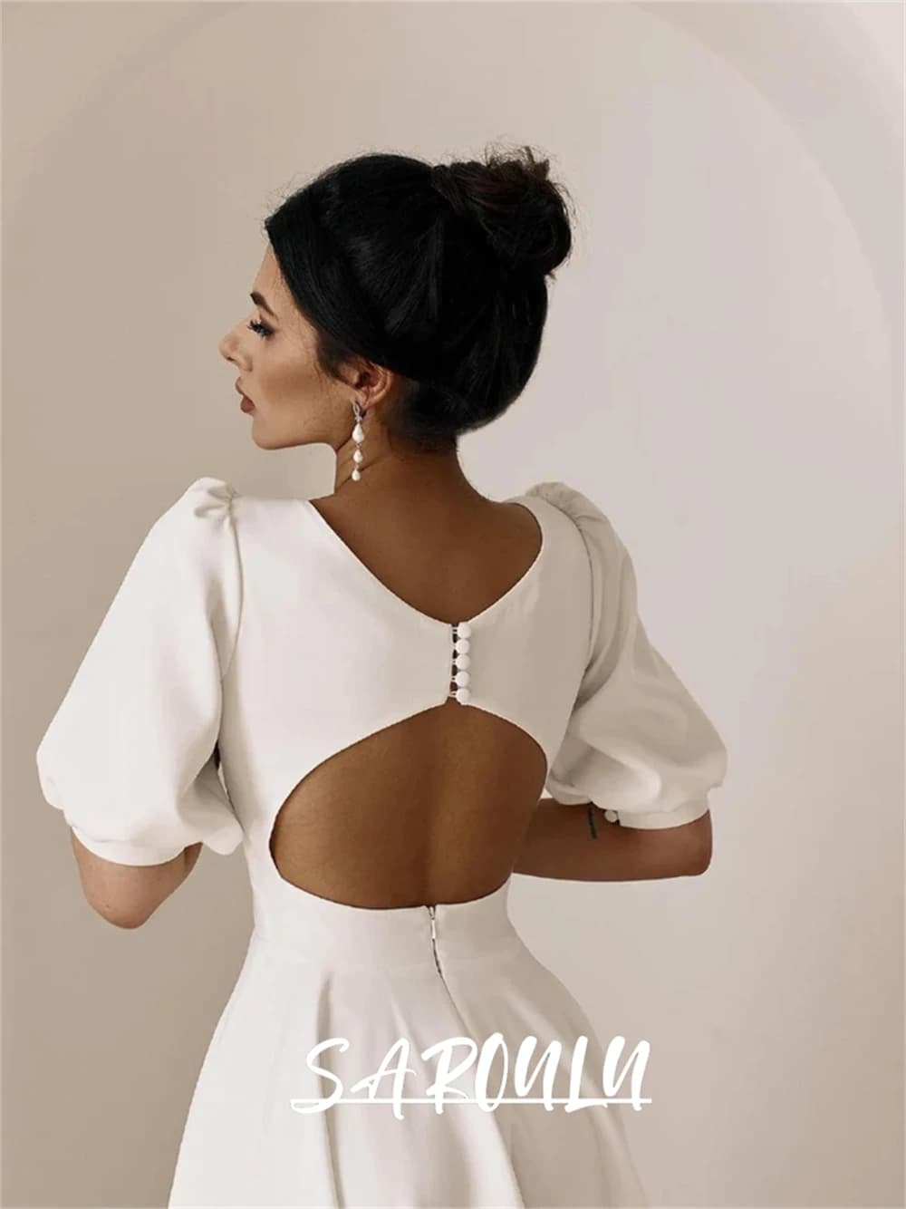 Midi Elope Wedding Dress, Tea Length Reception Dresses, Engagement Dress With Half Sleeves Open Back Bridal Gown